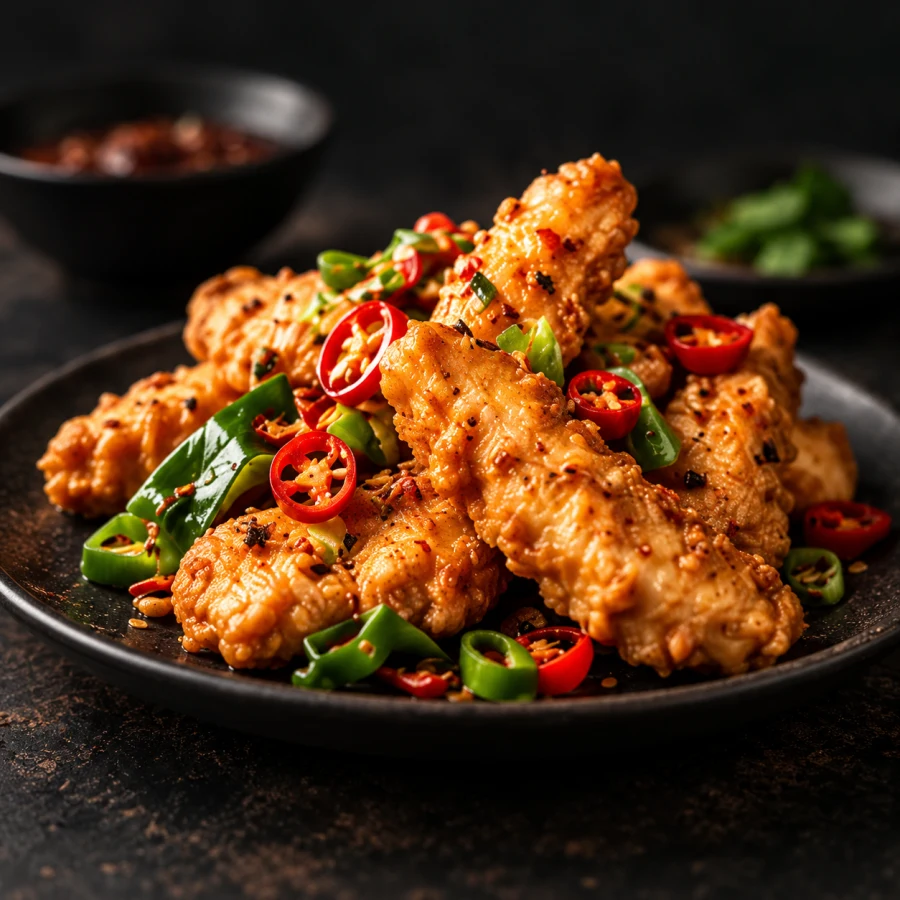 Crispy salt and chilli chicken topped with chillies and spring onions
