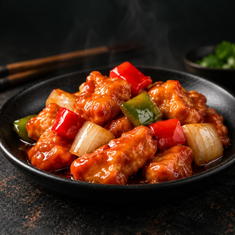 Sweet and sour chicken with peppers and onions on a dark plate